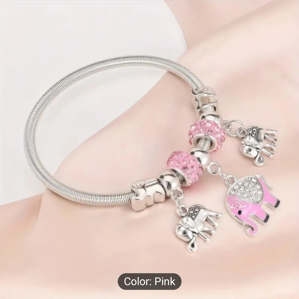 Silver Tone and Pink Elephant Charm Bracelet